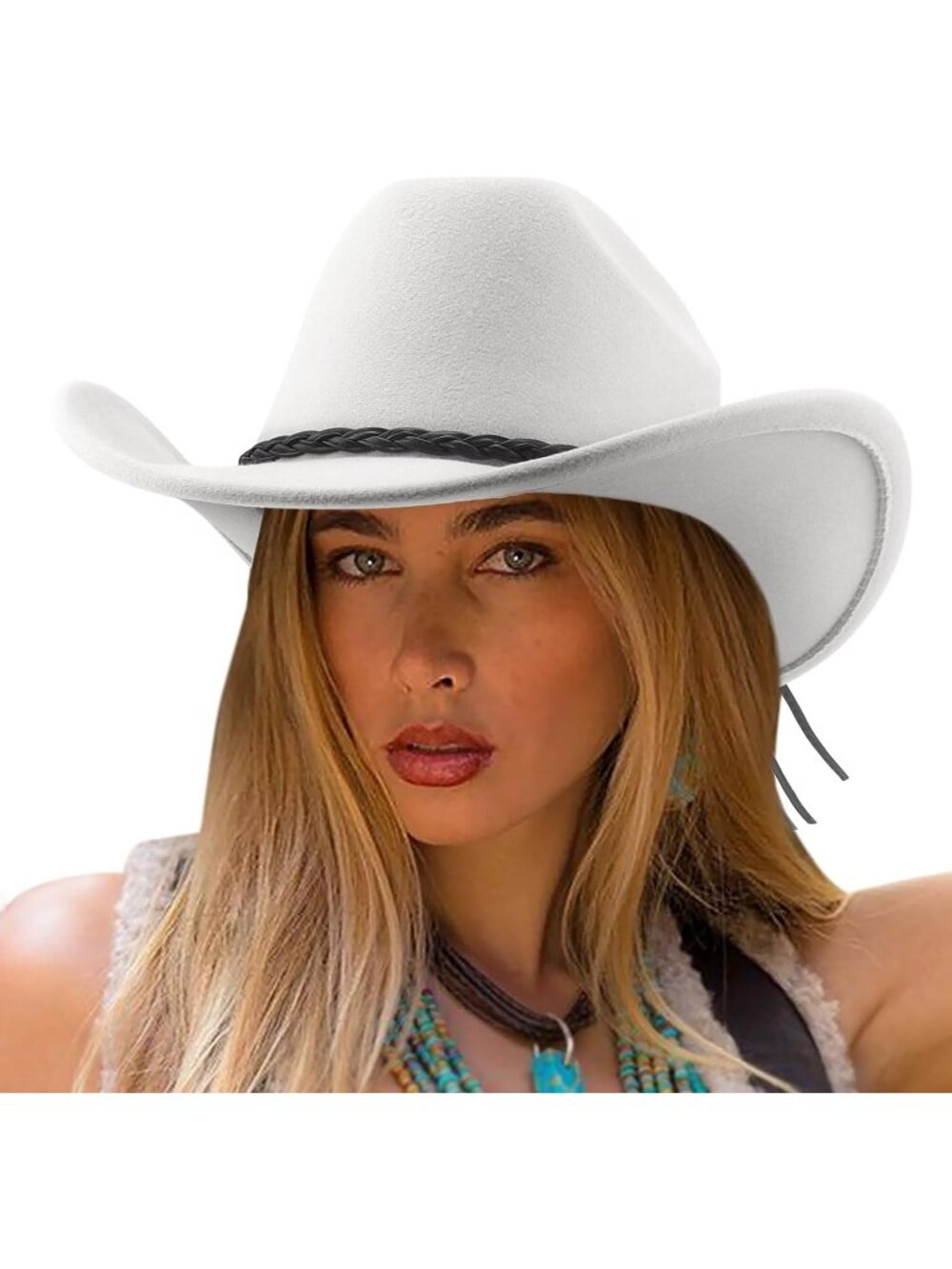 Unisex White Wide Brim Felt Fedora Cowgirl Western Cowboy Rolled Up Cap Hat